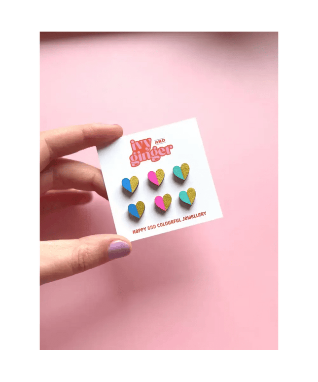 Handmade Gold Edge Fun Heart Statement Stud Earrings Set