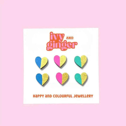 Handmade Gold Edge Fun Heart Statement Stud Earrings Set