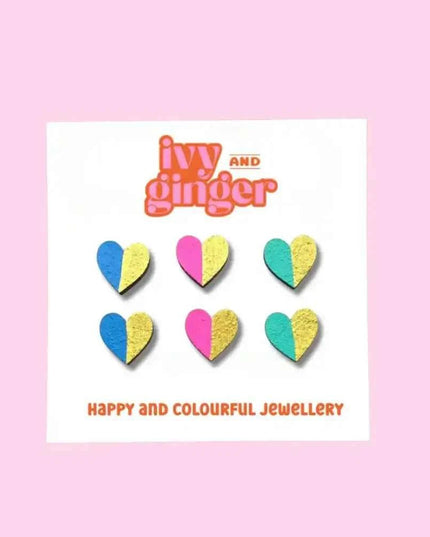 Handmade Gold Edge Fun Heart Statement Stud Earrings Set