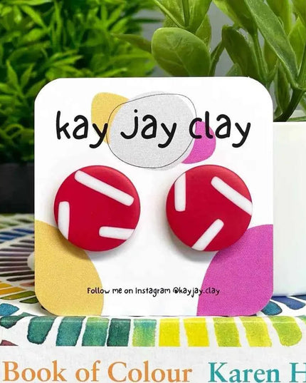 Handmade Polymer Clay Stud Earrings - Sprinkles Design Red w. White