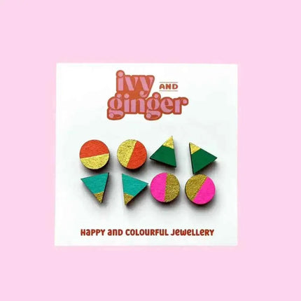 Handmade Retro Brights Gold Edge Stud Earrings Set Fun
