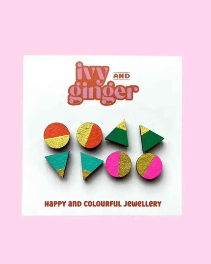 Handmade Retro Brights Gold Edge Stud Earrings Set Fun