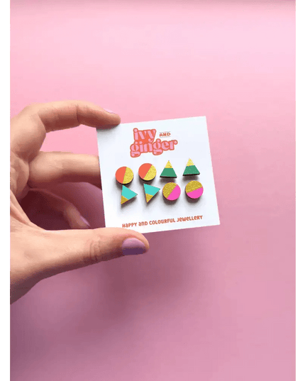 Handmade Retro Brights Gold Edge Stud Earrings Set Fun