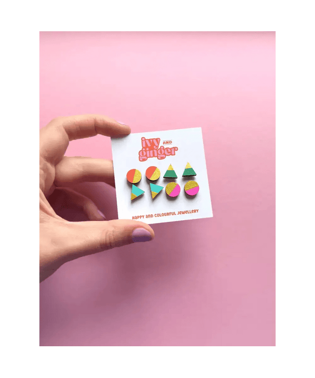 Handmade Retro Brights Gold Edge Stud Earrings Set Fun