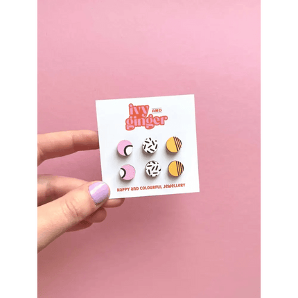 Handmade tropical mini stud earrings set hand painted wood