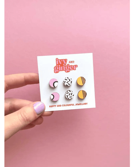 Handmade tropical mini stud earrings set hand painted wood