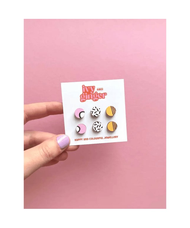 Handmade tropical mini stud earrings set hand painted wood