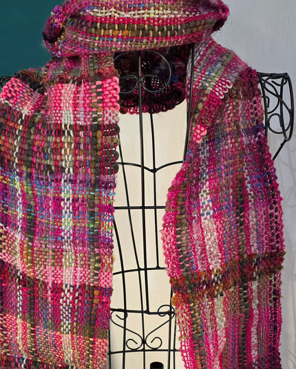 Handwoven scarves Pinks purple and green