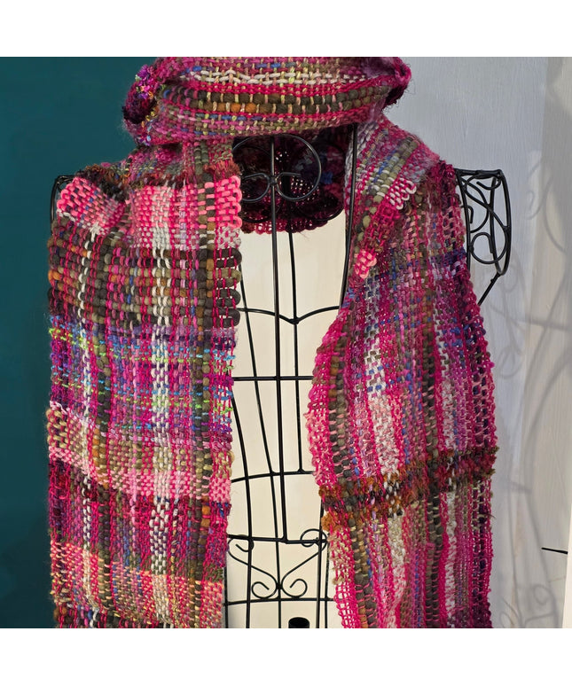 Handwoven scarves Pinks purple and green