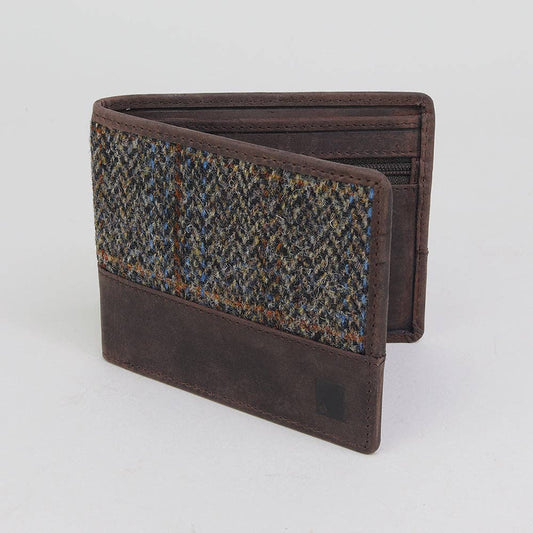 Brown wallet with patterned flap on a light gray background