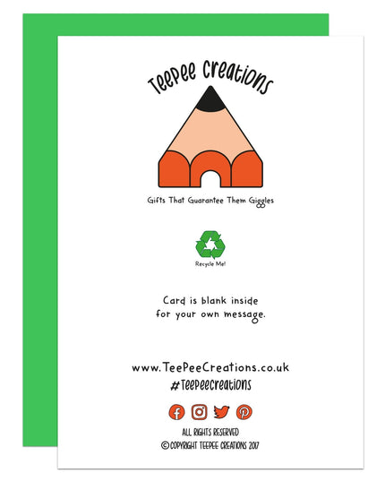 Blank greeting card with Teepee Creations logo and pencil illustration on a white background