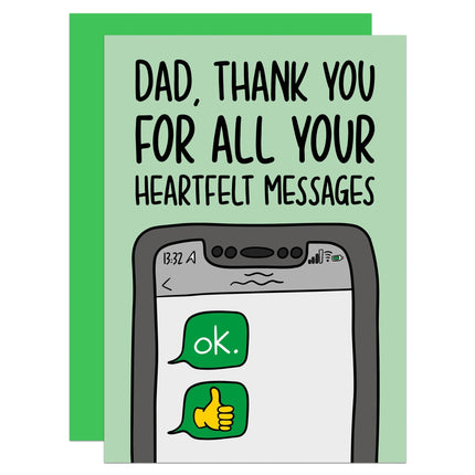 Card with text 'Dad, thank you for all your heartfelt messages' and a phone illustration on a green background