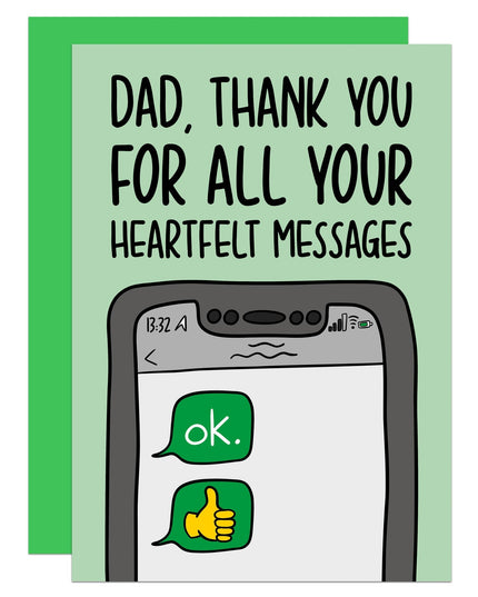 Card with text 'Dad, thank you for all your heartfelt messages' and a phone illustration on a green background