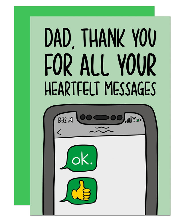 Card with text 'Dad, thank you for all your heartfelt messages' and a phone illustration on a green background