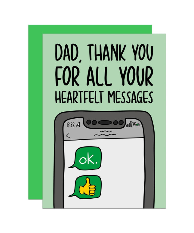 Card with text 'Dad, thank you for all your heartfelt messages' and a phone illustration on a green background