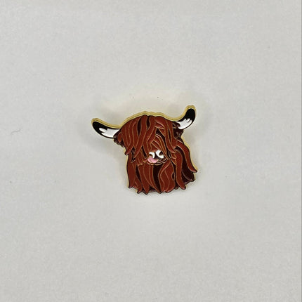 Brown hairy Highland Cow Pin Badges