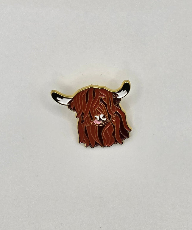 Brown hairy Highland Cow Pin Badges