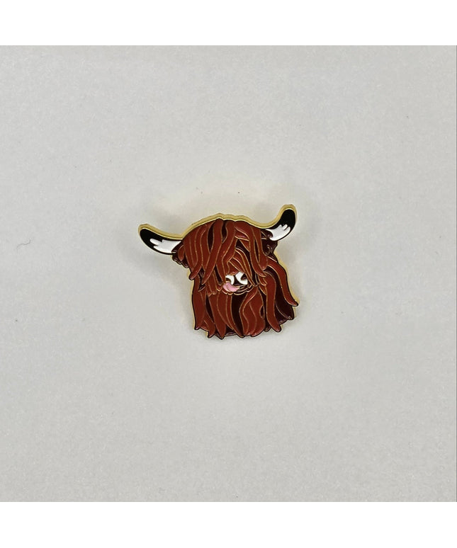 Brown hairy Highland Cow Pin Badges