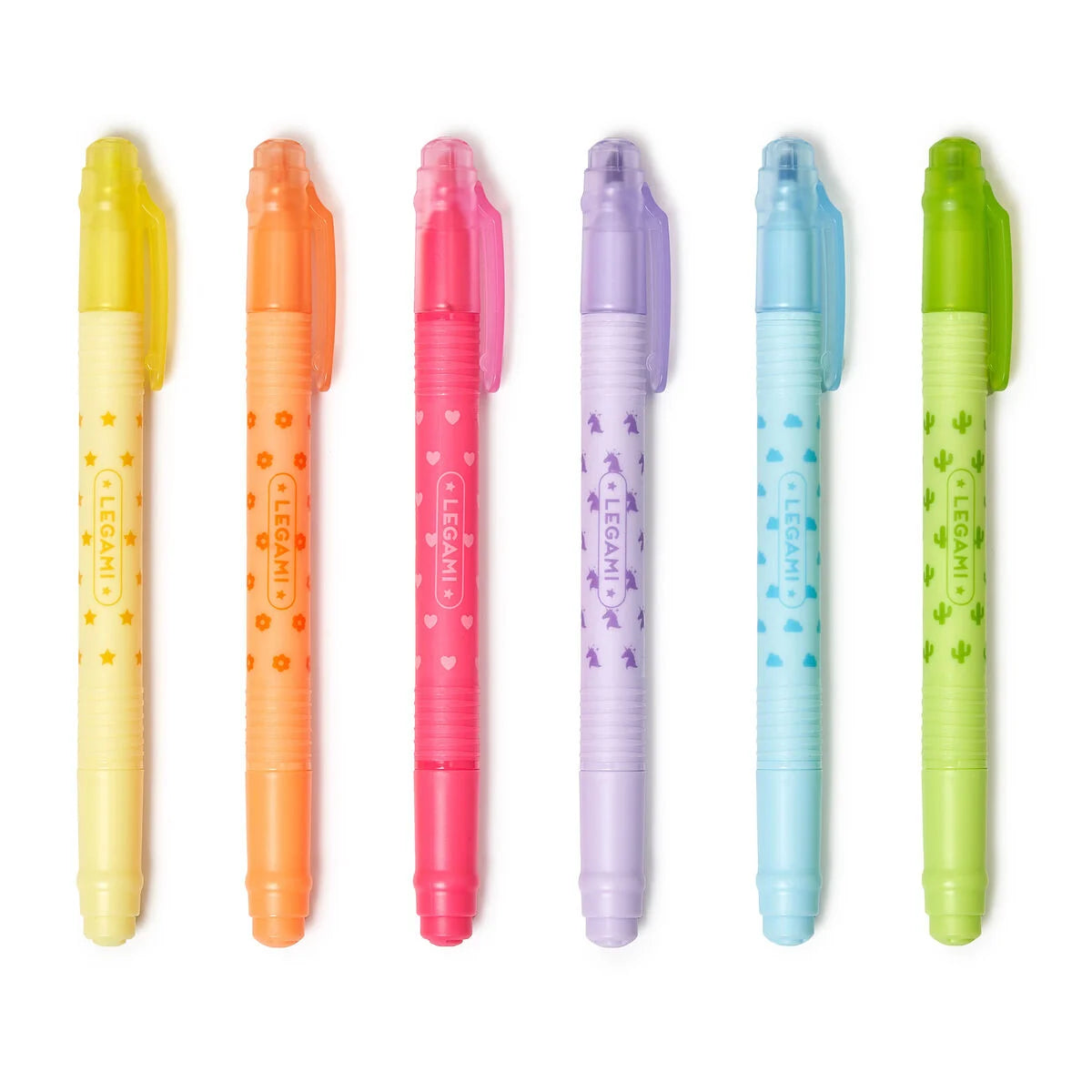 Set of six colorful highlighters on a white background