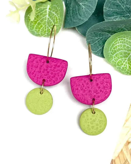 Hot Pink Colour Block Hoop Earrings - Polymer Clay