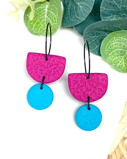 Hot Pink Colour Block Hoop Earrings - Polymer Clay Dangle - Turquoise Hoop - Black