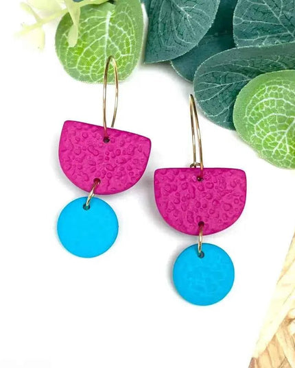 Hot Pink Colour Block Hoop Earrings - Polymer Clay