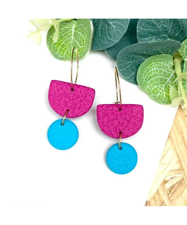 Hot Pink Colour Block Hoop Earrings - Polymer Clay