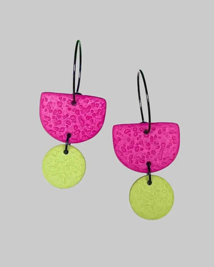 Hot Pink Colour Block Hoop Earrings - Polymer Clay