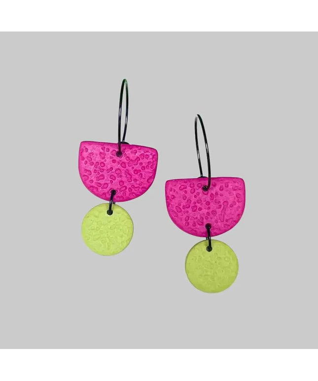 Hot Pink Colour Block Hoop Earrings - Polymer Clay