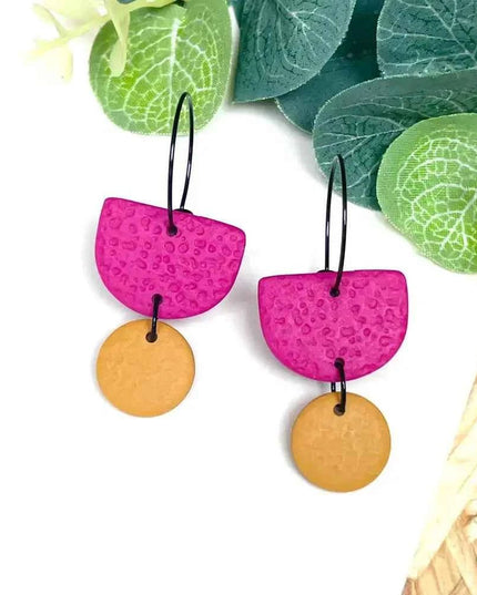 Hot Pink Colour Block Hoop Earrings - Polymer Clay