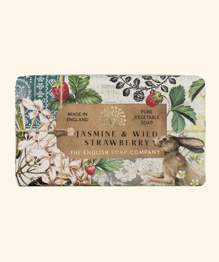 Soap bar with floral design and rabbit illustration on a white background