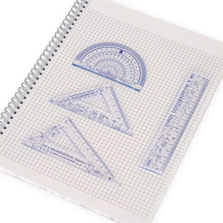 Graph paper with blue geometric drawing tools on a white background