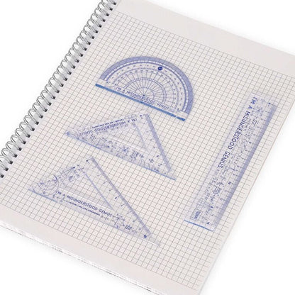 Graph paper with blue geometric drawing tools on a white background