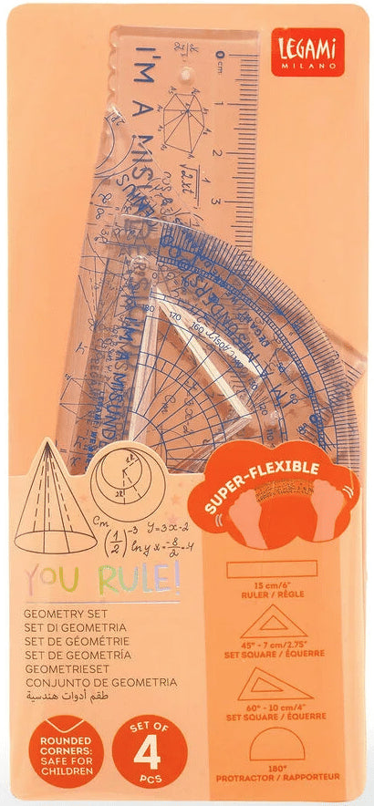 Geometry set packaging with ruler and protractor on an orange background, featuring the brand 'Legami'.