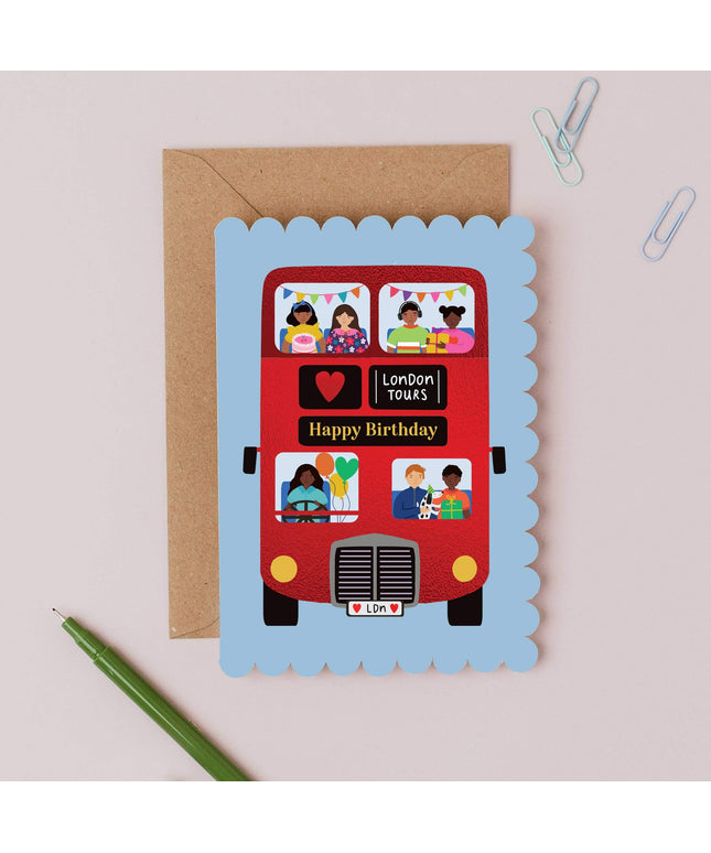 London Bus Scalloped Birthday Card Modern Birthday Card