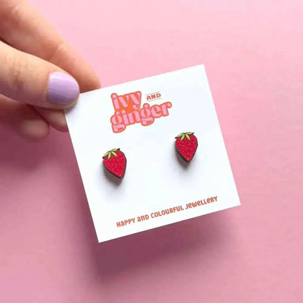 Beautiful wooden strawberry stud earrings