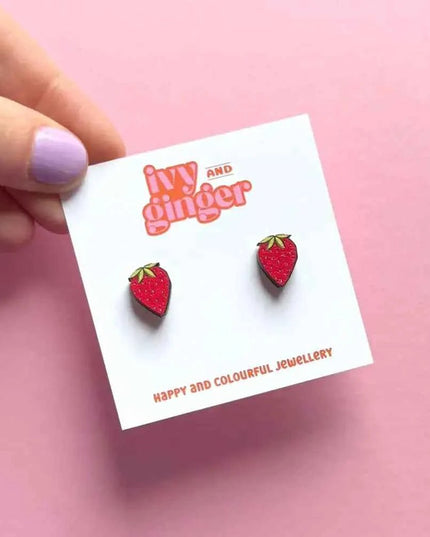 Beautiful wooden strawberry stud earrings
