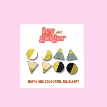 Mono gold four piece hand painted wooden earrings stud set