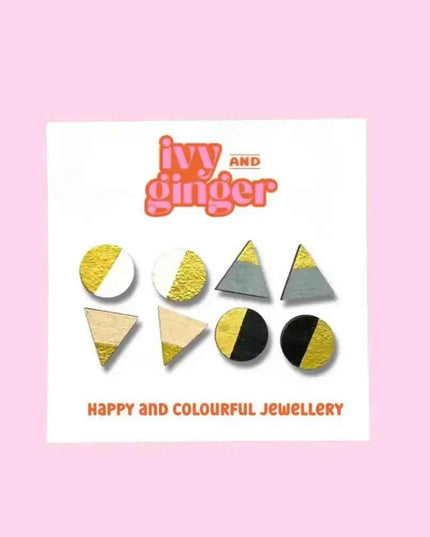 Mono gold four piece hand painted wooden earrings stud set