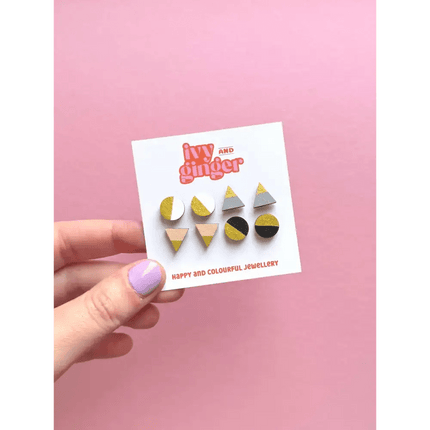 Mono gold four piece hand painted wooden earrings stud set