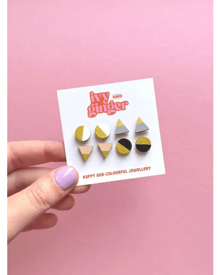 Mono gold four piece hand painted wooden earrings stud set