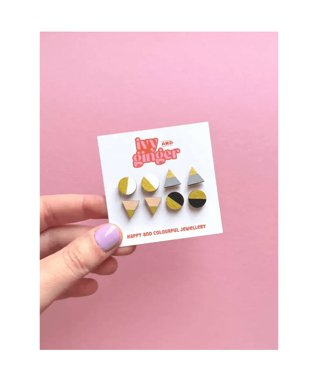 Mono gold four piece hand painted wooden earrings stud set