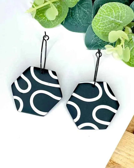 Monochrome Squiggle Hexagon Hoop Polymer Clay Earrings