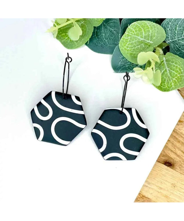 Monochrome Squiggle Hexagon Hoop Polymer Clay Earrings