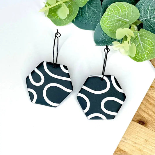 Monochrome Squiggle Hexagon Hoop Polymer Clay Earrings - Silver Hoop
