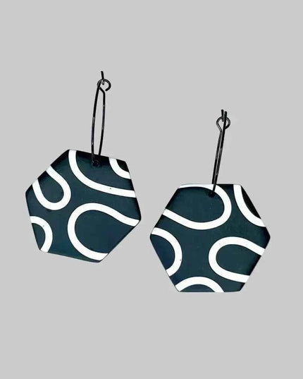 Monochrome Squiggle Hexagon Hoop Polymer Clay Earrings
