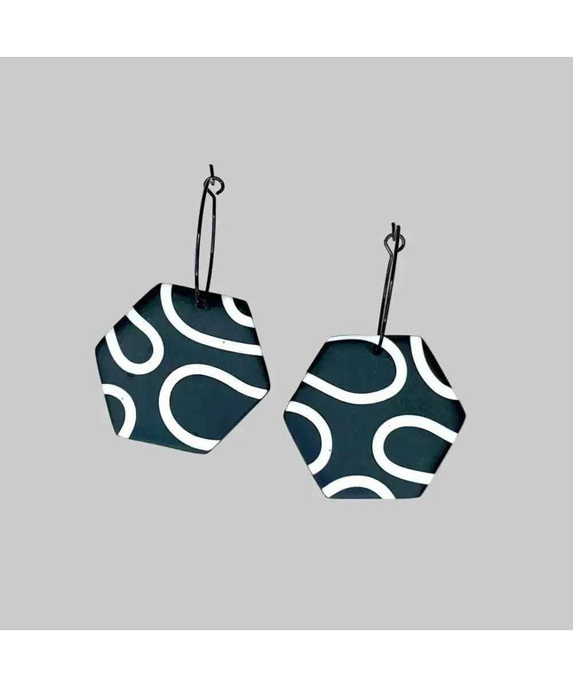 Monochrome Squiggle Hexagon Hoop Polymer Clay Earrings