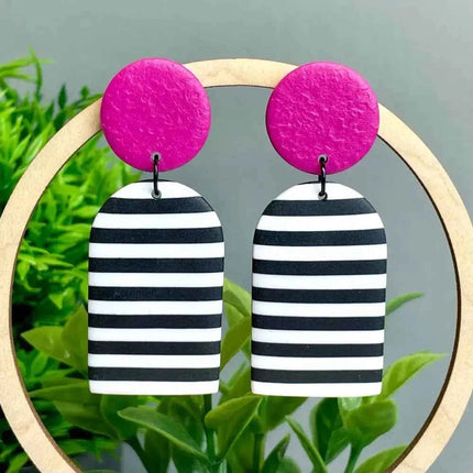 Monochrome Stripe Polymer Clay Dangle Earrings Hot Pink