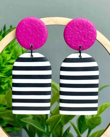 Monochrome Stripe Polymer Clay Dangle Earrings Hot Pink