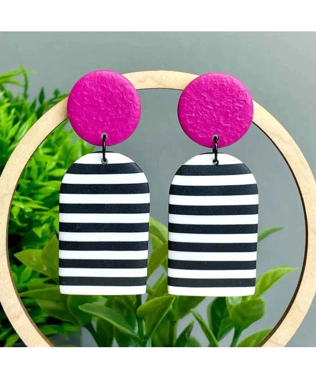 Monochrome Stripe Polymer Clay Dangle Earrings Hot Pink